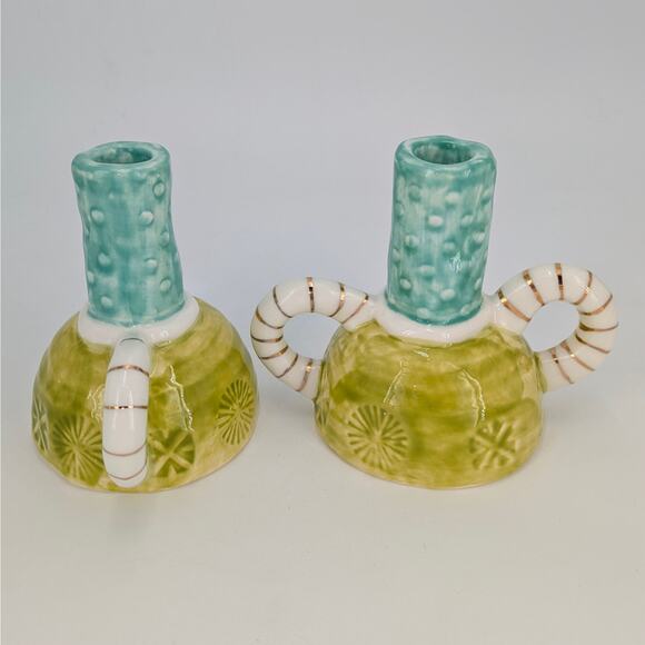 Artisan Stoneware Taper Candle Holders Dual Handles Whimsical Teal Lime Gold Set - Picture 11 of 12